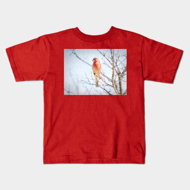 Backyard House Finch Painterly Kids T-Shirt by Debra Martz